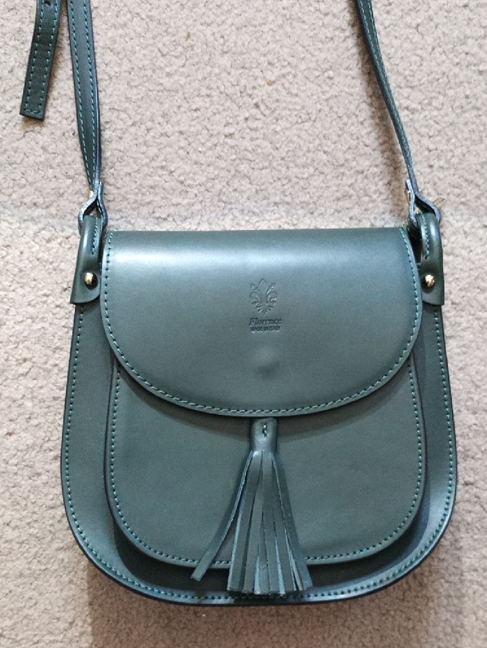 Classic Italian Green Leather Crossbody Bag with Tassel By Florence